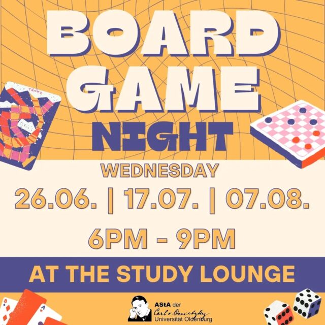 On Wednesday, June 26, July 17 and August 7 at 6 p.m. we invite you to a board game evening.

Join us for an exciting night of camaraderie and games – don't miss out on the fun! No prior registration is required, feel free to drop by spontaneously. You are also welcome to bring your favorite games.

The board game evening will be held in English and will take place in the Study Lounge.
The Study Lounge is located in the Mensa Foyer on the right-hand side next to the Infopoint.