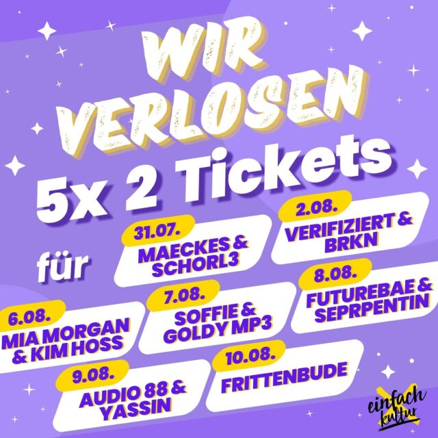 Der AStA der Carl von Ossietzky Universität Oldenburg verlost 5x 2 Tickets für eines der fantastischen Konzerte von @einfachkultur : 

31.07. Maeckes & Schorl3
02.08. Verifiziert & BRKN
06.08. Mia Morgan & Kim Hoss
07.08. Soffie & Goldy mp3
08.08. Futurebae & Seprpentin
09.08. Audio 88 & Yassin
10.08. Frittenbude

So kannst du teilnehmen:
1.  Kommentiere dein Wunschkonzert und markiere eine Person, die dich begleiten soll! 
2.  Für ein extra Los: Teile den Beitrag in deiner Story und markiere @kulturticker_ol

Teilnahmebedingungen:
Du musst mindestens 18 Jahre alt und Student*in der Carl von Ossietzky Universität in Oldenburg. 

Das Gewinnspiel läuft bis zum 14.07. um 23:59 Uhr. Die Gewinner*innen werden am 15.07. über den @kulturticker_ol Account auf Instagram kontaktiert.

Viel Glück! 🍀