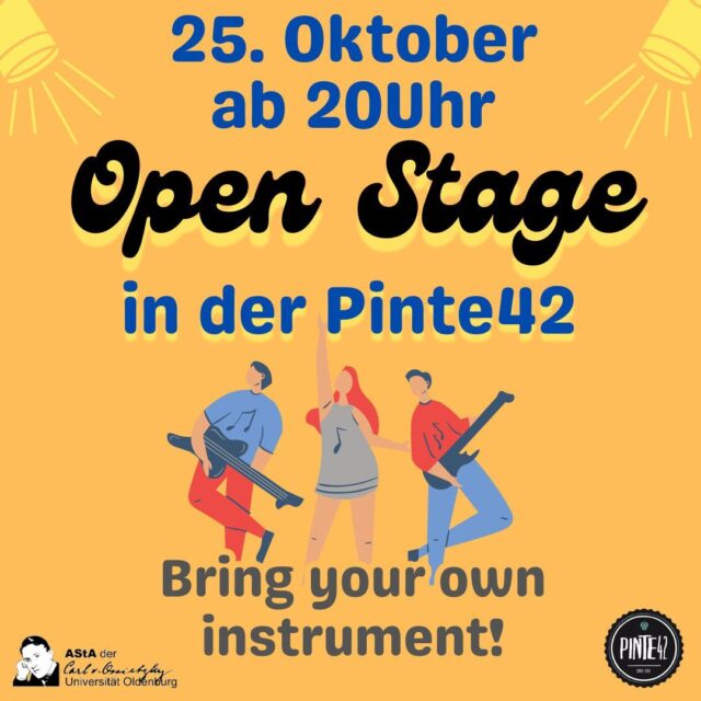 English version below.

Wir veranstalten am Freitag, den 25. Oktober zusammen mit der @pinte.42 eine offene Bühne.

Wir wollen allen Musiker:innen unter euch eine offene Bühne bieten, egal ob Anfänger:in, Fortgeschrittene:r oder Profi.
Also kramt eure Instrumente raus und schwingt euch aufs Rad zur Pinte42. Eine Anmeldung ist nicht notwendig.
Natürlich sind auch Zuhörer:innen herzlich willkommen.
Kommt vorbei und lasst uns einen wunderbaren musikalischen Abend feiern!

Vor Ort steht zur Verfügung: PA, Mikrophon, Gitarren- und Bassverstärker, E-Piano und Schlagzeug. Alles Weitere bitte selbst mitbringen!

____
We are organizing an open stage on October 25th together with @pinte.42 .

We want to offer an open stage to all musicians among you, no matter if you are a beginner, advanced, or professional.
So, pick up your instruments and get on your bike to Pinte42. No registration required.
Of course, listeners are also welcome.
Come along and let's have a wonderful musical evening!

On site you will find: PA, microphone, guitar and bass amplifier, electric piano and drums.
Please bring everything else yourself!