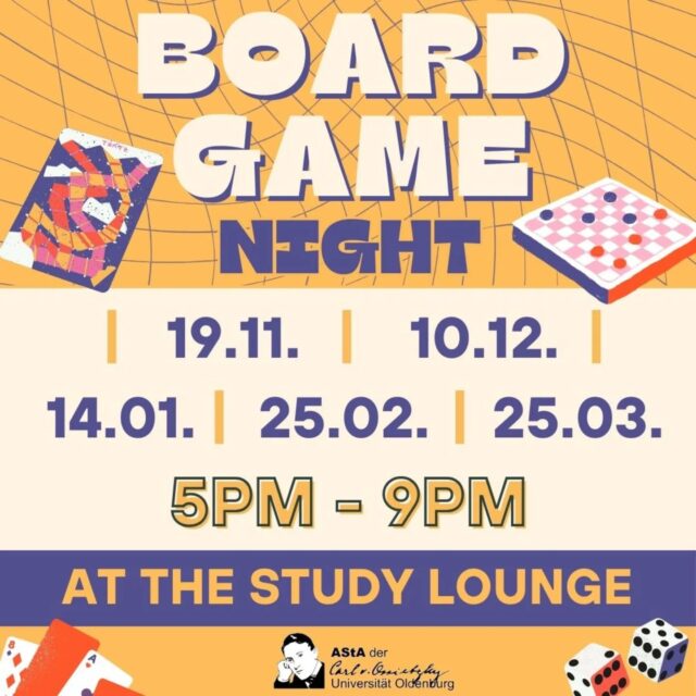 Join us for an exciting night of camaraderie and games – don't miss out on the fun! 

No prior registration is required, feel free to drop by spontaneously. You are welcome to bring your favorite games.

The board game evening will take place in the Study Lounge.
The Study Lounge is located in the Mensa Foyer on the right-hand side next to the Infopoint.