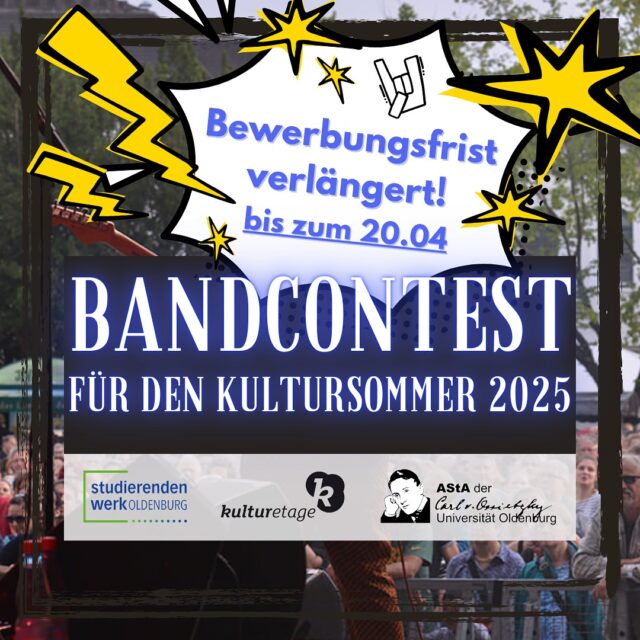 Der Einsendeschluss wurde verlängert: Bis zum 20. April 2025 habt ihr nochmal die Chance euch zu bewerben!
- Teilnehmen können alle Bands, bei denen mindestens eine Person an der Universität Oldenburg oder Jade Hochschule eingeschrieben ist.

- Es dürfen auch Solo-Künstler*innen am Wettbewerb teilnehmen. 

- Wichtig ist, dass beim Kultursommer nur Bands und Künstler*innen mit Eigenkompositionen auftreten können (oder solche, die das Werk anderer in einem absolut anderen künstlerischen Gewand covern). 

- Die Spieldauer pro Support Act beträgt in etwa 30 Minuten.

Um teilzunehmen, filmt euch einfach beim Spielen eines Songs aus eurem Repertoire und sendet uns einen Link zu eurem Video per Mail an kultur@asta-oldenburg.de. 
Ihr könnt euer Video entweder auf einem schon bestehenden YouTube-Kanal hochladen oder euch ganz einfach einen neuen 
Kanal erstellen. Solltet ihr keinen YouTube-Kanal einrichten können oder wollen, sendet uns euer Video bitte über wetransfer zu, sodass wir das Video auf dem YouTube-Kanal des AStAs veröffentlichen können (füllt in diesem Fall bitte außerdem die folgende Einverständniserklärung aus: 
https://asta-oldenburg.de/wp-content/uploads/2021/01/Formular-CampusKunst-Einsendung.pdf)

Ihr fragt euch jetzt vielleicht, wer die Wahl der Sieger*innen treffen wird? Natürlich ihr – die Studierenden der Universität Oldenburg! Jede*r immatrikulierte Studierende kann über den jeweiligen Stud.IP-Account genau eine Stimme abgeben. Wir sagen euch natürlich Bescheid, sobald die 
Abstimmungen online gehen!