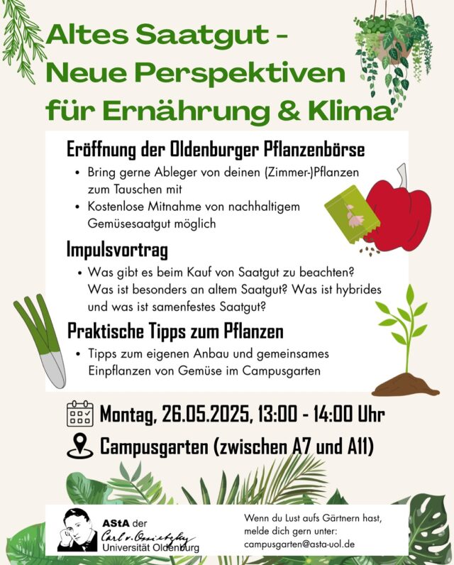 Eröffnung der Oldenburger Pflanzenbörse
Altes Saatgut - Neue Perspektiven für Ernährung & Klima
Montag, 26.05.2025, 13:00 - 14:00 Uhr
Campusgarten (zwischen A7 und A11)

Eröffnung der Oldenburger Pflanzenbörse: Bring gerne Ableger von deinen (Zimmer-)Pflanzen zum Tauschen mit. Außerdem ist auch eine kostenlose Mitnahme von nachhaltigem
Gemüsesaatgut möglich

Impulsvortrag:
Was gibt es beim Kauf von Saatgut zu beachten?
Was ist besonders an altem Saatgut?
Was ist hybrides und was ist samenfestes Saatgut?

Praktische Tipps zum Pflanzen
Tipps zum eigenen Anbau und gemeinsames Einpflanzen von Gemüse im Campusgarten

Wenn du generell Lust aufs Gärtnern hast, melde dich gern unter: campusgarten@asta-uol.de

——————————

Old Seeds - New Perspectives for Food and Climate
Monday, 26.05.2025, 1:00 - 2:00 pm
Campusgarten (between A7 and A11)

Opening of the Oldenburg Plant Swap Market
• Feel free to bring cuttings from your (house-) plants to swap.
• Free sustainable vegetable seeds are available.

Keynote speech
• What should you consider when buying seeds? What’s special about heirloom seeds? What is hybrid and what is open-pollinated seed?

Practical tips for planting
• Tips for growing your own vegetables and planting them together in the campus garden

It you’re interested in gardening, please contact us at:
campusgarten@asta-uol.de