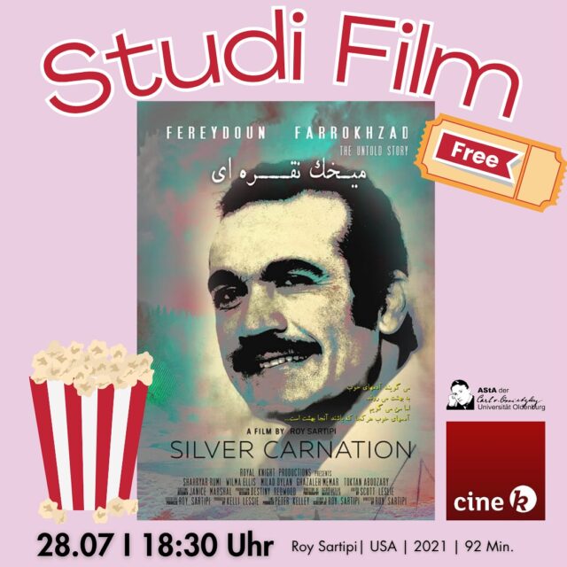 Studi-Film „Silver Carnation“ im Cine-K Kino am 28.07. um 18:30 Uhr
Eintritt für Studierende durch das Kulturticket kostenlos. Geöffnet für Alle.

Studi-Movie „Silver Carnation“ in the Cine-K Cinema on 28.07. at 06:30 pm
Admission for students free of charge through the Kulturticket. Open for everyone.

Fereydoun Farrokhzad war ein bekannter iranischer Sänger,
Dichter und Regimekritiker. Im Anschluss an die Islamische Revolution 1979 wurde er verfolgt und floh nach Deutschland, wo er 1992 in Bonn brutal ermordet wurde. Sein Tod wurde bis heute nicht hinreichend aufgeklärt. ‚The Silver Carnation‘ erzählt seine Geschichte: von seinem künstlerischen Schaffen und seinem Widerstand. Er zeigt exemplarisch die Brutalität, mit welcher das Mullah-Regime gegen seine eigene Bevölkerung - selbst im Ausland - vorgeht, und das Versagen der deutschen Behörden, welche die Gegner*innen der Islamischen Republik nicht schützen konnten.
—————————-english——————————-

Fereydoun Farrokhzad was a well-known Iranian singer, poet, and regime critic.
Following the Islamic Revolution in 1979, he was persecuted and fled to Germany, where he was brutally murdered in Bonn in 1992. His death has not been fully investigated to this day.
‚The Silver Carnation‘ tells his story: of his artistic work and his resistance. It exemplifies the brutality with which the mullah regime acts against its own population – even abroad – and the failure of the German authorities, who failed to protect the opponents of the Islamic Republic.