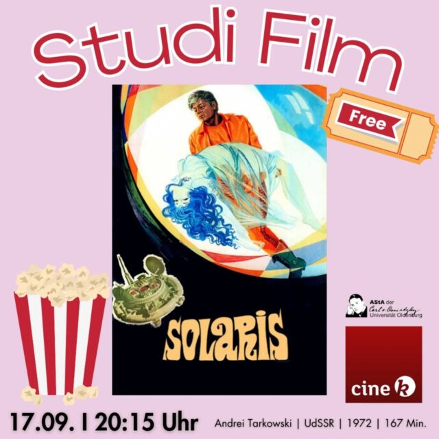 Kostenlos für alle Studis der Uni Oldenburg:

👉 17.09., 20:15 im Cine K 
Solaris (OmU)
von Andrei Tarkowski 😎☝️
_______________________________

Im September könnt ihr als Studi der Uni Oldenburg mit eurer Campus Card kostenlos die Studi Filme im Cine k Kino schauen💯

📠📠📠

Science-Fiction als Niegeschichte lässt sich „erstens als Kunst genießen, und man kann mit ihr zweitens Dinge und Verhältnisse denken, die ohne sie ungedacht bleiben müssten." (Dietmar Dath) In Solaris ist die Genrewahl mehr als der Griff zum Affekt oder zur Zerstreuung. 🐱🐧

Statt Raumschlachten und Action inszeniert Tarkowski eine langsame Erkundung von Erinnerung und Bewusstsein sowie den scheiternden Versuch, das Irdische auf der Reise in den Weltraum abzustreifen. (Vgl. Erika Klose) ☄️🌍✨