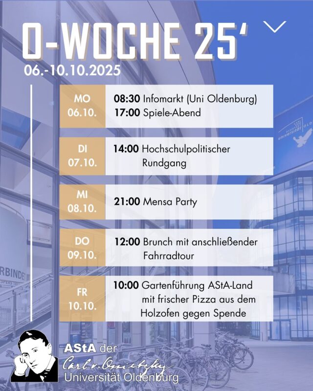 Unser Programm in der O-Woche ✨

ℹ️ Zusätzlich findet ihr uns Mo-Fr zu den Mensazeiten mit einem Infostand im Mensafoyer. 

🙌 Wir freuen uns auf euch!