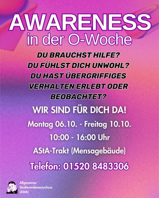 Auch in diesem Jahr bieten wir sowohl während der O-Woche als auch auf der Ersti-Party - Awareness - an. Unser Awareness-Konzept findet ihr im Link in unserer Bio. //This year we’ll be offering Awareness again – both during O-Week and Mensa Party! Check out our Awareness concept via the link in our bio.
