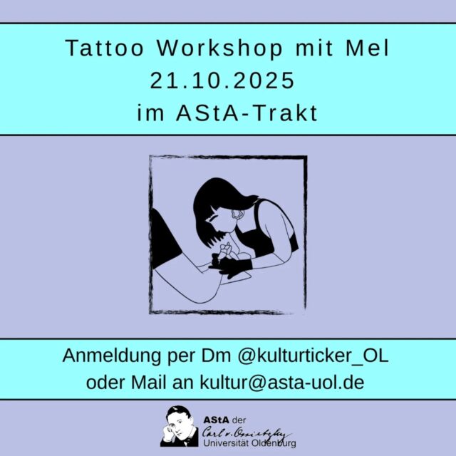 15:00, 21.10.2025
TATTOO WORKSHOP (auch für absolute Neulinge)

Mit Tattoo Artist Mel ( @ink.spectoratattoo ) 
Anmeldungen gerne per Dm.
Begrenzte Plätze.