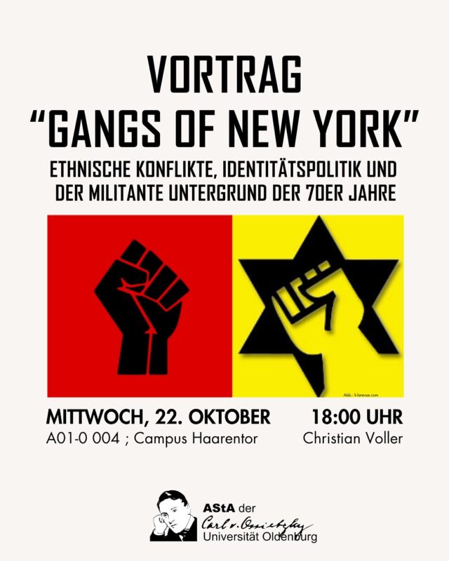 Vortrag: Gangs of New York - Ethnische Konflikte, Identitätspolitik und der militante Untergrund der 70er Jahre (englisch last slide)

Wie lässt sich die Allianz von antirassistischem Aktivismus und Antizionismus, die sich im Nachgang des Pogroms vom 07. Oktober scheinbar spontan einstellte, erklären? 
Eine Spur führt nach Brooklyn und zurück in jene 70er Jahre, die im Zeichen der identitätspolitischen Radikalisierung der Bürgerrechtsbewegung eine beispiellose Welle der Militanz erlebten: black power-Gruppen und jüdische Aktivisten lieferten sich gewalttätige Auseinandersetzungen in den verwahrlosten Quartieren New Yorks, Israel geriet 1968 mit einem Mal in den Fokus der antiimperialistischen Internationale, der weather underground nahm den bewaffneten Kampf gegen die USA auf und Hoovers FBI beschleunigte den Brand wo immer möglich. Viele der damaligen Aktivisten blieben auf der Strecke, andere sitzen heute noch im Gefängnis, einige wurden Professoren. Ein Rückblick aus gegebenem Anlass.
Dr. Christian Voller ist wissenschaftlicher Mitarbeiter an der Leuphana Universität Lüneburg. Zuletzt erschienen „In der Dämmerung: Studien zur Vor- und Frühgeschichte der Kritischen Theorie“ (2022) bei Matthes & Seitz Berlin.“