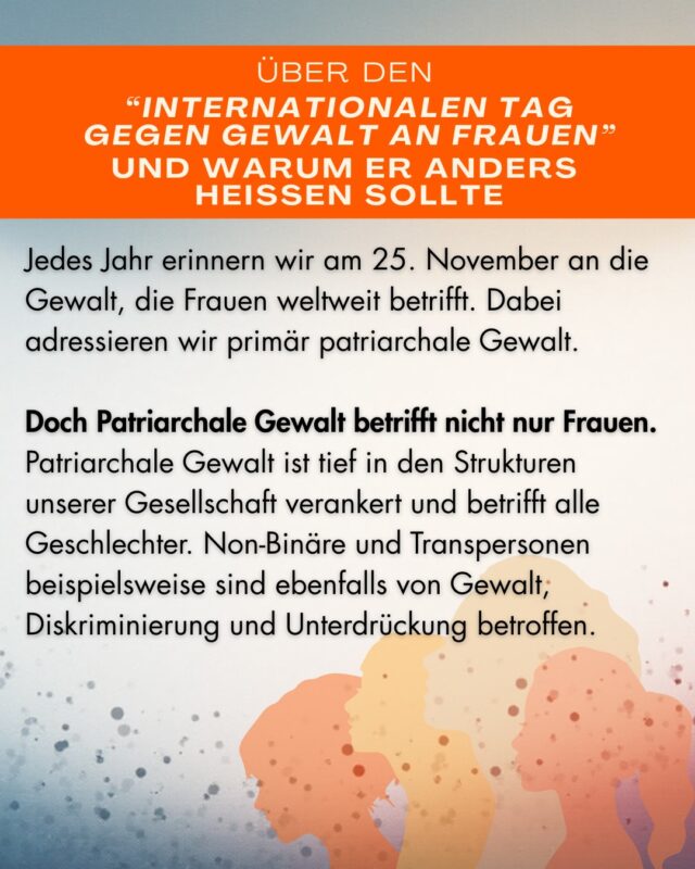 Heute möchten wir auf die steigende Gewalt an FLINTA* Personen aufmerksam machen. 
Draußen vor dem Mensa Foyer auf dem Orangen Sofa bieten wir einen Ort des Zuhörens, des Austauschs und der Solidarität mit FLINTA*Menschen.

Dieses Angebot richtet sich nicht nur an betroffene Personen. Es soll das systematische Leid und die traumatischen Erfahrungen von FLINTA*Personen innerhalb patriarchaler Systeme sichtbar machen, weshalb auch endo cis Männer herzlich eingeladen sind, sich vor Ort zu informieren oder einfach nur zuzuhören.

FLINTA* ist ein Akronym für FrauenLesbenInterTransundAgender Menschen.

english version:

Today we would like to draw attention to the increasing violence against WLINTA*s.

Outside in front of the Mensa Foyer on the orange sofa we offer a place of listening, exchange and solidarity with WLINTA*s.

This is not only for WLINTA*s. It is intended to make the systematic suffering and traumatic experiences of FLINTA* within patriarchal systems visible, which is why endo cis men are also invited to inform themselves or just talk about what they can do to stop violence against WLINTA*s.

WLINTA* is an acronym for WomenLesbiansInterTransandAgender people.