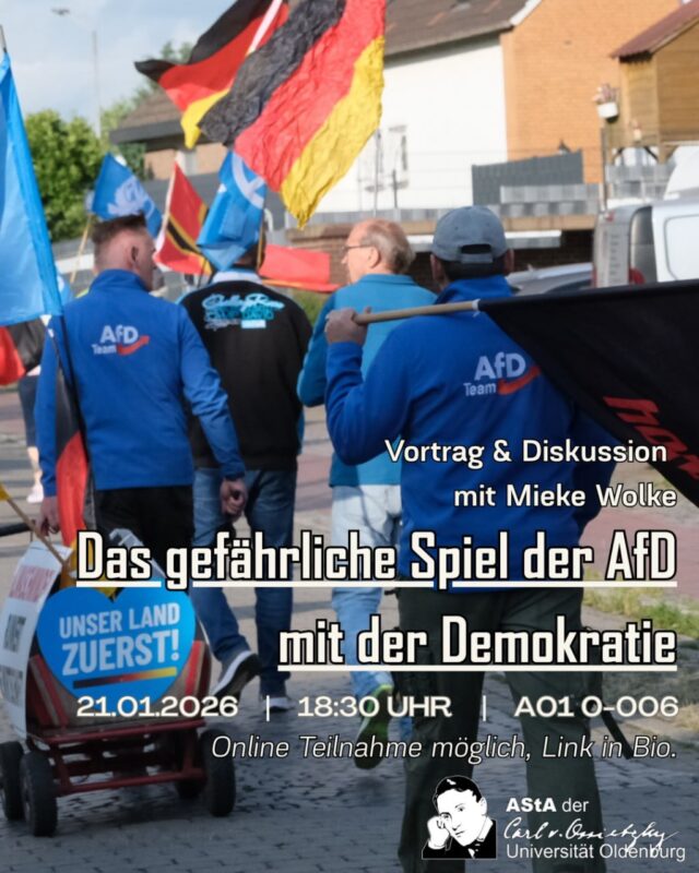 Vortrag und Diskussion mit Mieke Wolke (@mieke_wolke) zum gefährlichen Spiel der AfD mit der Demokratie. 

🗓️21.01.2026
🕖18:30 Uhr
📍A01 0-006

Online Teilnahme möglich. Zur Anmeldung gehe auf den Link in der Bio und Buch dir ein kostenloses Veranstaltungsticket. Den Zugang zum online Raum, erhältst du dann per Mail.