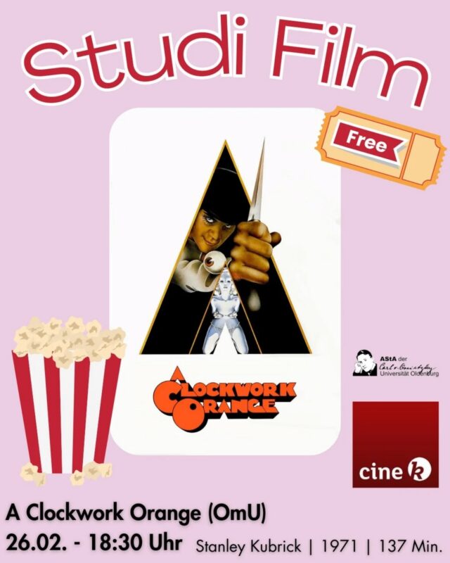 Donnerstag im StudiFilm: A Clockwork Orange.⏰🍊
Kostenlos im CineK für alle Studierenden. Um 18:30!🤩🤩🤩🤩

---------

Gehirnwäsche - Gewalt - Genitalien - Gesellschaft🚬

Dieser eine Film, den wir alle schon viel zu lange auf unserer Watchlist haben. Eine gute Gelegenheit ihn in angemessener Art und Weise davon abzuhaken.

Stanley Kubrick erzählt mit Clockwork Orange eine schonungslose Parabel über Exzess, freien Willen und die dunklen Ecken der menschlichen Natur: Der Wecker klingelt am Morgen, Gewalt.