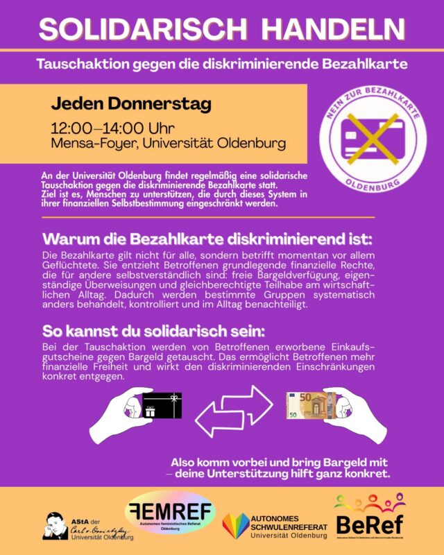 Solidarisch handeln: Tauschaktion gegen die diskriminierende Bezahlkarte - jeden Donnerstag von 12-14 Uhr im Mensafoyer (Campus Haarentor)
An der Universität Oldenburg findet regelmäßig eine solidarische Tauschaktion gegen die diskriminierende Bezahlkarte statt. Ziel ist es, Menschen zu unterstützen, die durch dieses System in ihrer finanziellen Selbstbestimmung eingeschränkt werden.

Warum die Bezahlkarte diskriminierend ist:
Die Bezahlkarte gilt nicht für alle, sondern betrifft momentan vor allem Geflüchtete. Sie entzieht Betroffenen grundlegende finanzielle Rechte, die für andere selbstverständlich sind: freie Bargeldverfügung, eigenständige Überweisungen und gleichberechtigte Teilhabe am wirtschaftlichen Alltag. Dadurch werden bestimmte Gruppen systematisch anders behandelt, kontrolliert und im Alltag benachteiligt.

So kannst du solidarisch sein:
Bei der Tauschaktion werden von Betroffenen erworbene Einkaufsgutscheine gegen Bargeld getauscht. Das ermöglicht Betroffenen mehr finanzielle Freiheit und wirkt den diskriminierenden Einschränkungen konkret entgegen.

Also komm vorbei und bring Bargeld mit – deine Unterstützung hilft ganz konkret!