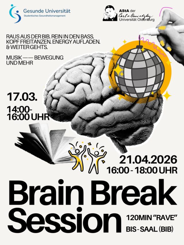 Dir raucht der Kopf ?🧠📚 dann RAUS AUS DER BIB. REIN IN DEN BASS.
KOPF FREITANZEN. ENERGY AUFLADEN.
& WEITER GEHTS 💫

Damit die nächste Klausurenphase nicht so schlimm wird veranstalten wir (AStA und studentisches Gesundheitsmanagement) im BIS-Saal (direkt bei der Bibliothek) am Campus Haarentor eine Bewegte TANZpause 🪩 

Auf dich warten 120min elektronische Musik zum Kopf freikriegen (Techno, Trance, House) und vielleicht noch ein paar andere Möglichkeiten, um dich für die nächsten Stunden in der Bib zu wappnen! 
Einmal im Monat, demnächst:
Dienstag 17.03.2026 (14:00-16:00 Uhr)
Dienstag 21.04.2026 (16:00-18:00 Uhr)

- Für alle Studierende offen
- ohne Anmeldung & kostenlos 
- du musst nicht tanzen sondern kannst auch einfach gemütlich zur Musik chillen und dir eine Auszeit nehmen :)

Englisch:

Your head is about to explode? 🧠📚 then OUT OF THE „BIB“. INTO THE BASS.
DANCE. RECHARGE ENERGY.
& LET’S CONTINUE 💫

So that the next exam phase is not so bad, we organize a moving DANCE break together with the student health management in the BIS hall (directly at the library) on the Haarentor campus 🪩

Waiting for you 120min electronic music to clear your head (Techno, Trance, House) and some healthy snacks to prepare you for the next few hours in the Bib!
Every month, next dates:
Tuesday 17.03.2026 (2 - 4 pm)
Tuesday 21.04.2026 (4 -6 pm)

- Open to all students / Internationals welcome 
- without registration & free of charge
-  you don’t have to dance but can also just relax to the music and take a break :)