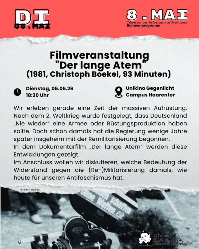 Wir erleben gerade eine Zeit der massiven Aufrüstung.
Nach dem 2. Weltkrieg wurde festgelegt, dass Deutschland „Nie wieder“ eine Armee oder Rüstungsproduktion haben sollte. Doch schon damals hat die Regierung wenige Jahre später insgeheim mit der Remilitarisierung begonnen.

In dem Dokumentarfilm „Der lange Atem“ werden diese
Entwicklungen gezeigt.

Im Anschluss wollen wir diskutieren, welche Bedeutung der Widerstand gegen die (Re-)Militarisierung damals, wie heute für unseren Antifaschismus hat.