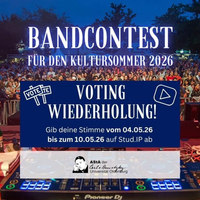 Die Abstimmung des Bandcontests wird wiederholt! Erklärung in den Slides ⏩
Gib für deinen Favoriten deine Stimme von 04.05. bis zum 10.05. auf Stud.ip ab. Link zum Voting in der Bio und in den Stories!

Wie gehts: Zuerst in Stud.ip einloggen, dann erst auf den Link zur Abstimmung klicken. In der Abstimmung findest du einen Link zur Playlist, die alle teilnehmenden Beiträge enthält.

Wir wünschen allen Teilnehmenden viel Erfolg!