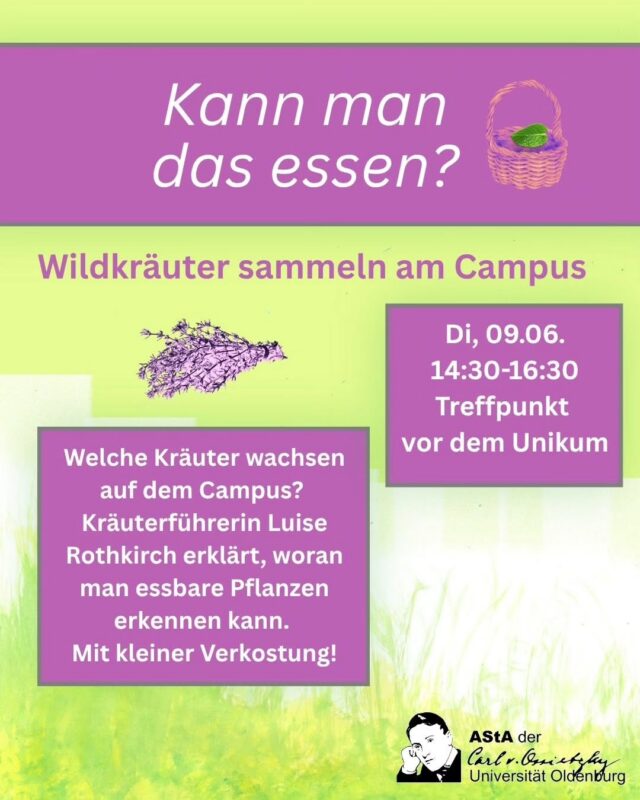 🌿Kräuterführung am Campus🌱

Welche Kräuter wachsen auf dem Campus? Kräuterführerin Luise Rothkirch erklärt, woran man essbare Pflanzen erkennen kann.
Mit kleiner Verkostung!

🌿Di, 9. Juni, 14:30 - 16:30
🌱Treffpunkt vor dem Unikum (Durchgang Mensavorplatz zum Naturschutzgebiet)