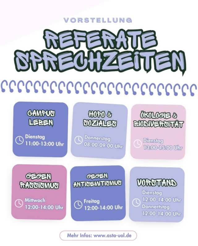 Unsere Referate bieten Sprechstunden an.
Kommt zu den Sprechzeiten im AStA-Trakt vorbei, wenn Ihr Fragen, Anregungen oder Projektideen habt. 

Wir sind für euch da. 🤝