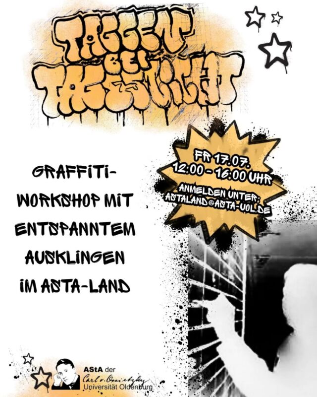 Graffiti-Workshop im AStA-Land!!
Am 17.07. von 12- bis 16 Uhr👩‍🎨🖌️

Workshop mit Graffitikünstler Jon Electros Avocados wird der Umgang mit Spraydosen vermittelt und anschließend verschiedene Sprühtechniken erklärt.

Der Schwerpunkt des Kurses liegt jedoch auf der praktischen Anwendung: Auf OSB-Leinwänden kann unter professioneller Anleitung ausprobiert und verfeinert werden.

Der Workshop richtet sich sowohl an Beginner* innen als auch an Fortgeschrittene.

Danach lassen wir den Nachmittag gemütlich mit ein paar Getränken ausklingen.

With Graffiti artist Jon Electros Avocados, we learn the basic theoretical and practical knowledge of working with spray cans, followed by an explanation of various spraying techniques.

However, the course focuses primarily on the practical application of the theory. Participants can try out and refine these techniques on OSB canvases under professional guidance.

The workshop is designed for both beginners and advanced participants.

After that, we'll wrap up the afternoon with a few drinks