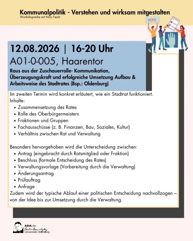 Der zweite Termin der Workshopreihe „Kommunalpolitik - verstehen und wirksam mitgestalten“ mit Niko Fecht findet nächste Woche am 12. August um 16:00 Uhr im Raum 0-005 im Erdgeschoss des Gebäudes A01 am Campus Haarentor statt. 
Thema Stadtrat „Raus aus der Zuschauerrolle- Kommunikation, Überzeugungskraft und erfolgreiche Umsetzung Aufbau & Arbeitsweise des Stadtrates (Beispiel: Oldenburg)

Im zweiten Termin wird konkret erläutert, wie ein Stadtrat funktioniert.
Inhalte:
• Zusammensetzung des Rates
• Rolle des Oberbürgermeisters
• Fraktionen und Gruppen
• Fachausschüsse (z. B. Finanzen, Bau, Soziales, Kultur)
• Verhältnis zwischen Rat und Verwaltung

Besonders hervorgehoben wird die Unterscheidung zwischen:
• Antrag (eingebracht durch Ratsmitglied oder Fraktion)
• Beschluss (formale Entscheidung des Rates)
• Verwaltungsvorlage (Vorbereitung durch die Verwaltung)
• Anderungsantrag
• Prüfauftrag
• Anfrage

Zudem wird der typische Ablauf einer politischen Entscheidung nachvollzogen - von der Idee bis zur Umsetzung durch die Verwaltung.

Kommunalpolitik entscheidet über vieles, was unseren Alltag unmittelbar prägt - von Mobilität und Wohnraum über Kultur und Freizeit bis hin zu Klimaschutz und Bildung. Trotzdem bleiben gerade junge Menschen in kommunalen Entscheidungsprozessen häufig unterrepräsentiert.
Dieser Workshop zeigt, dass politisches Engagement nicht erst mit einer Parteimitgliedschaft beginnt.
Du lernst, wie Kommunalpolitik funktioniert, welche Möglichkeiten es gibt, dich einzubringen, und wie du deine Ideen wirkungsvoll vertreten kannst.
in praxisnahen Ubungen entwickelst du Argumentations- und Kommunikationskompetenzen und erhaltst das Handwerkszeug, um selbst aktiv zu werden, sei es in einer Initiative, einem Jugendgremium, einer Wahlergemeinschaft oder als Kandidatin bzw. Kandidat.
Nutze die Chance, Verantwortung zu übernehmen, neue Perspektiven kennenzulernen und die Zukunft deiner Stadt oder Gemeinde aktiv mitzugestalten. Denn Demokratie lebt davon, dass Menschen nicht nur mitreden - sondern mitmachen.

Anmeldung erwünscht, aber nicht notwendig.
Mehr Informationen unter: www.asta-uol.de/veranstaltungen/