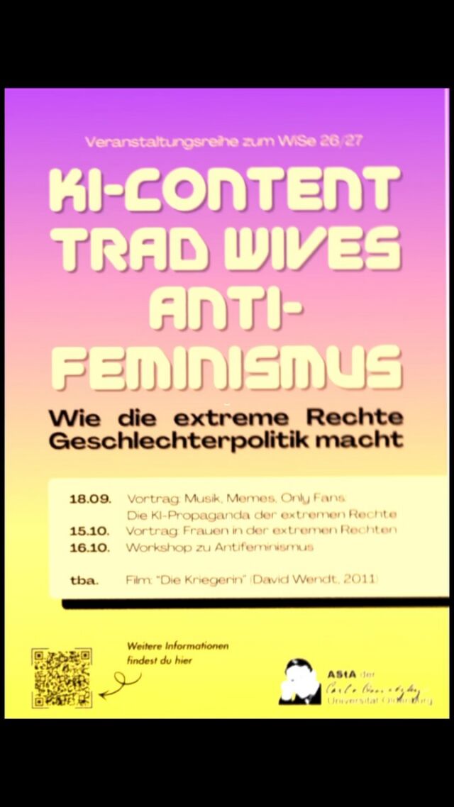 Die Wahlergebnisse in Sachsen-Anhalt haben einmal mehr gezeigt, wie wichtig politische Bildung, Vernetzung und eine Auseinandersetzung mit Rechtspopulismus sind. 

👉 Wir freuen uns, euch unsere Veranstaltungsreihe „KI-Content, Tradwifes, Antifeminismus“ vorzustellen. 

📚 Am 18.09.26 um 18 Uhr (A05 0-054) geht’s los mit @felixmichaelis 

ℹ️ Weite Infos folgen in den nächsten Tagen, schaut auch gerne im Veranstaltungskalender auf unserer Homepage vorbei. (Link in Bio) 

🤝 Danke an das @femref_ol für die Förderung der beiden Veranstaltungen von und mit Selina Alin.